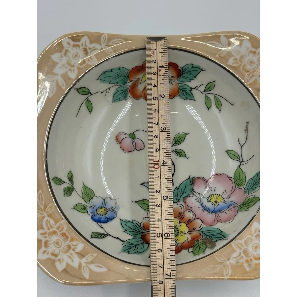 Vintage‎ Hand Painted Flowered Peach Lusterware Bowl Dish Made Japan 7.5